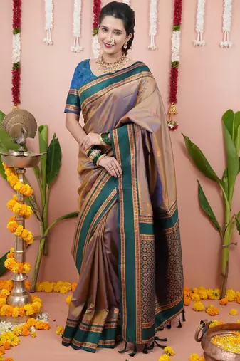 chikoo soft art silk saree with unstiched blouse