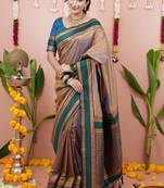 chikoo soft art silk saree with unstiched blouse