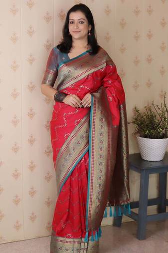 pink banarasi soft art silk saree with unstiched blouse