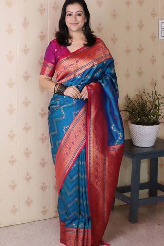 royal blue banarasi soft art silk saree with unstiched blouse