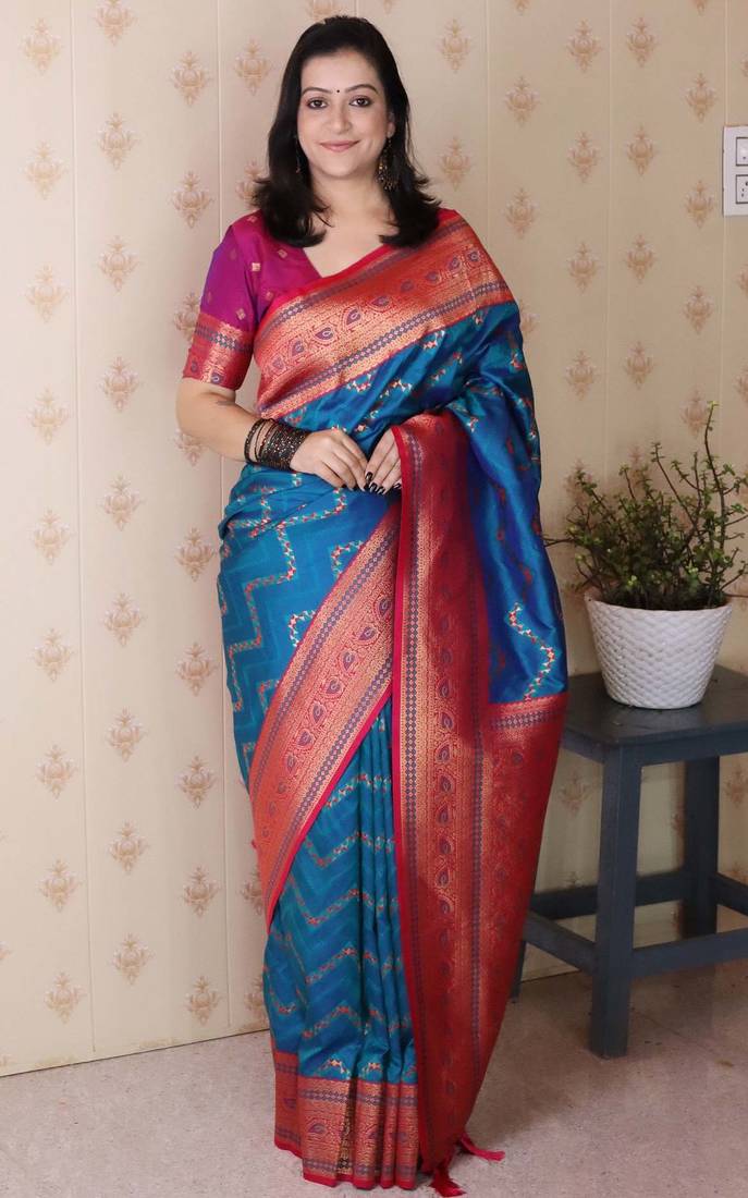 royal blue banarasi soft art silk saree with unstiched blouse