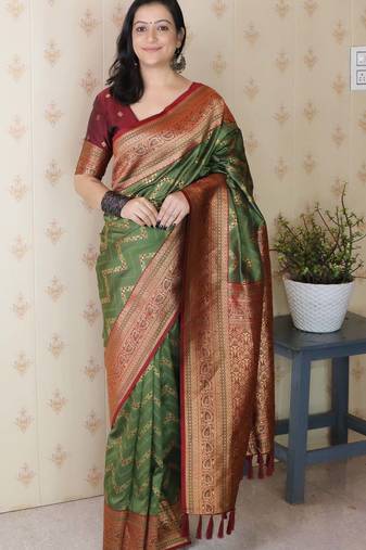 green banarasi soft art silk saree with unstiched blouse