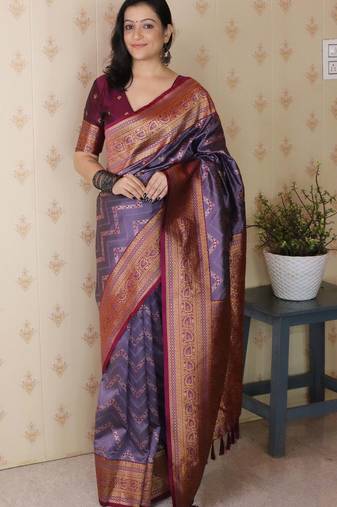 light purple banarasi soft art silk saree with unstiched blouse