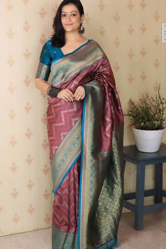 light maroon banarasi soft art silk saree with unstiched blouse