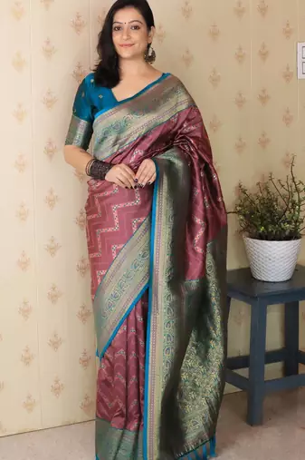 light maroon banarasi soft art silk saree with unstiched blouse