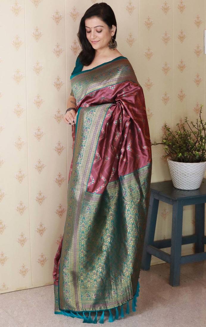 light maroon banarasi soft art silk saree with unstiched blouse