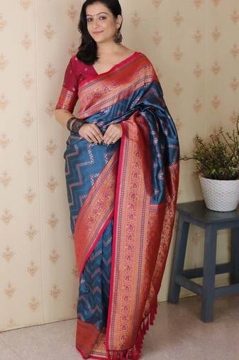 navy blue banarasi soft art silk saree with unstiched blouse