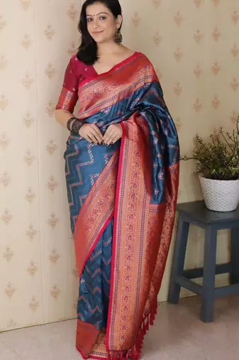 navy blue banarasi soft art silk saree with unstiched blouse
