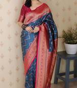 navy blue banarasi soft art silk saree with unstiched blouse