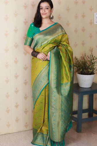 mehendi banarasi soft art silk saree with unstiched blouse