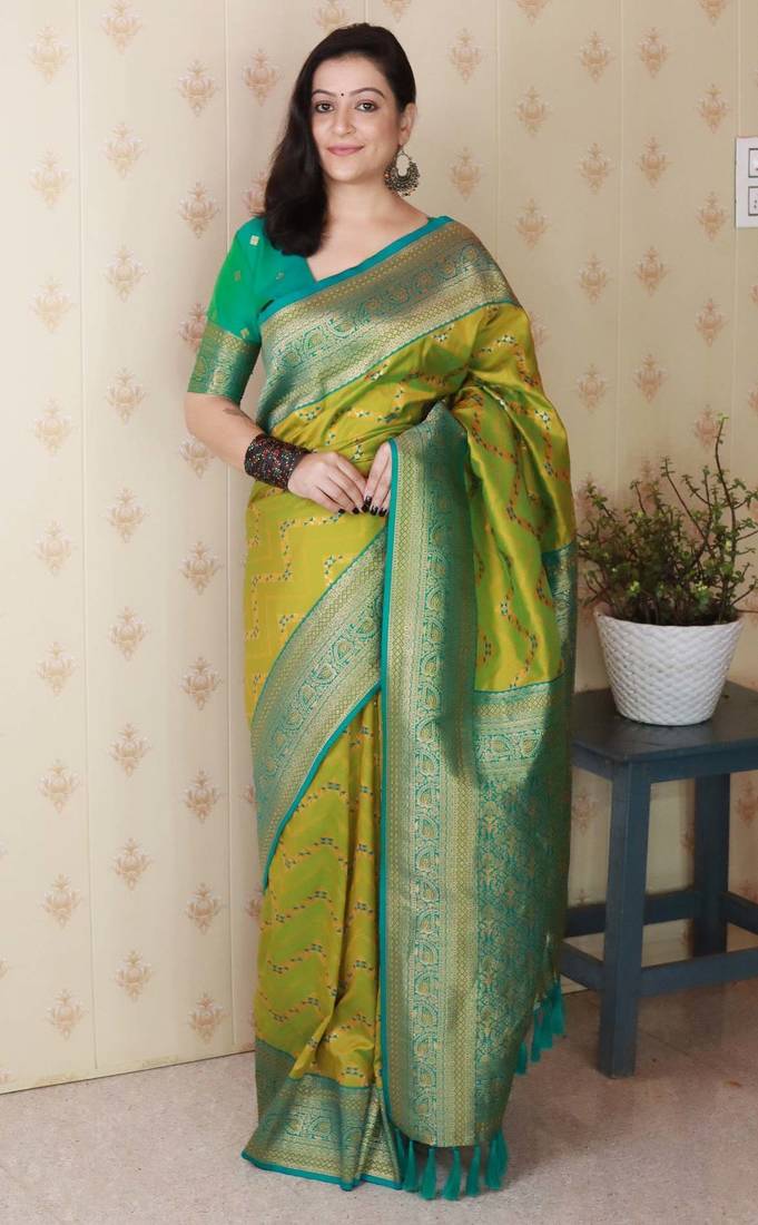 mehendi banarasi soft art silk saree with unstiched blouse