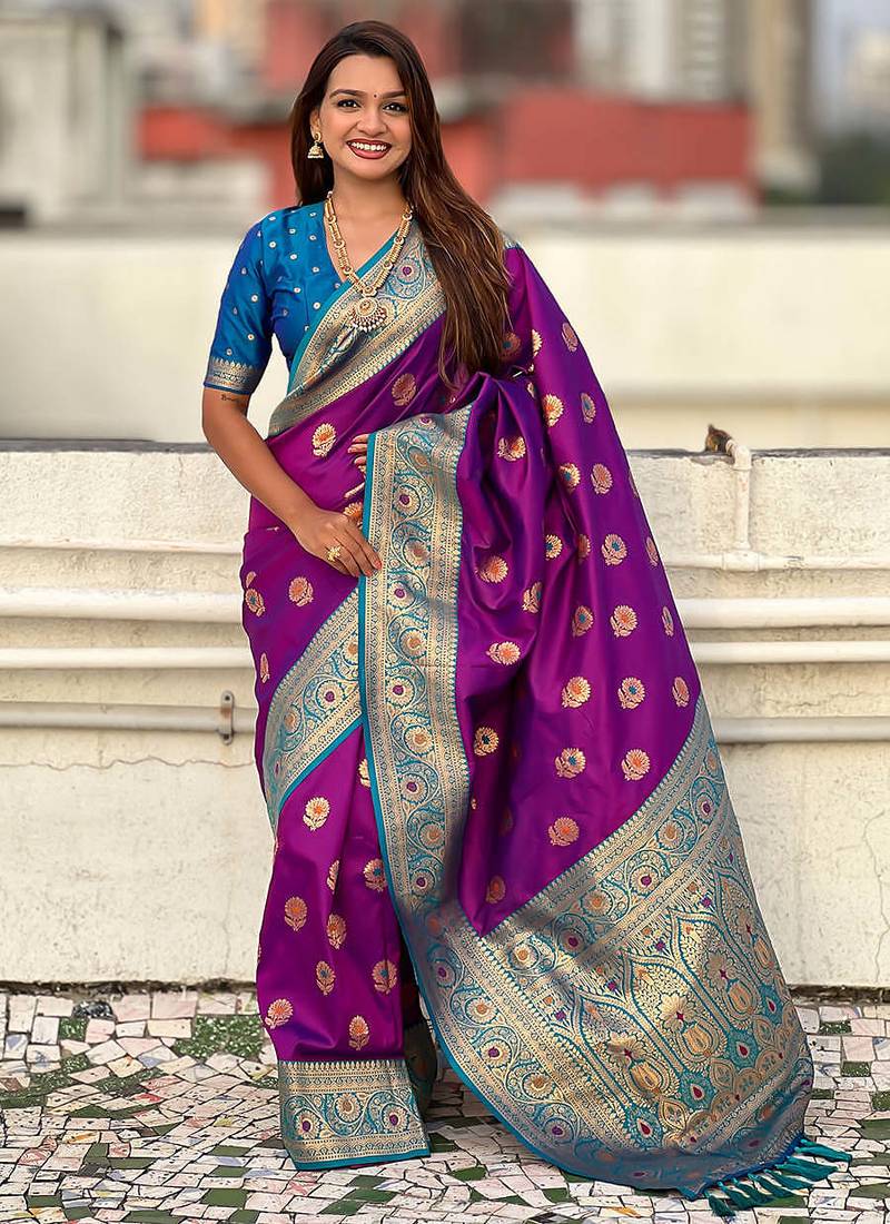 purple soft art silk saree with unstiched blouse