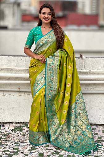 mehendi soft art silk saree with unstiched blouse