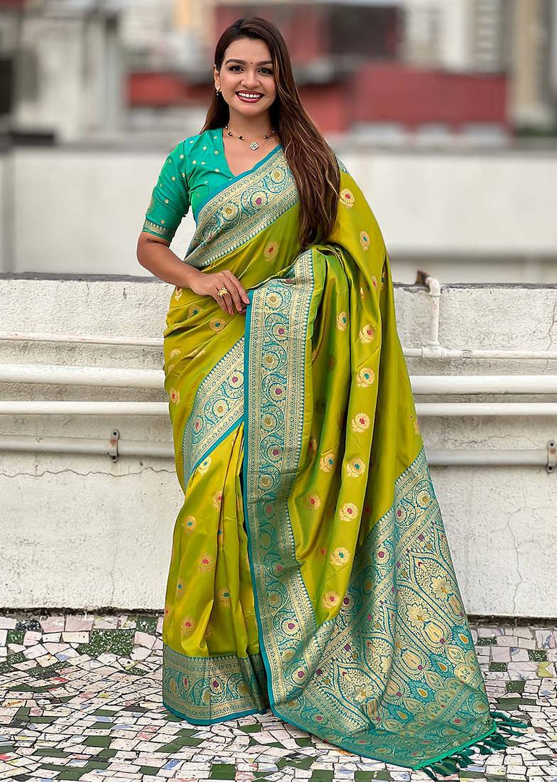 mehendi soft art silk saree with unstiched blouse