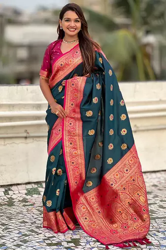 denim soft art silk saree with unstiched blouse