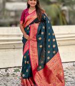 denim soft art silk saree with unstiched blouse
