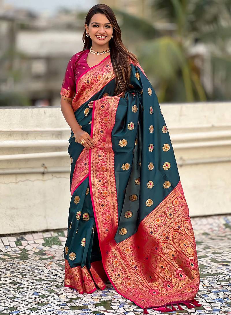 denim soft art silk saree with unstiched blouse