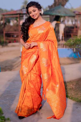 orange soft moonga art silk saree with unstiched blouse