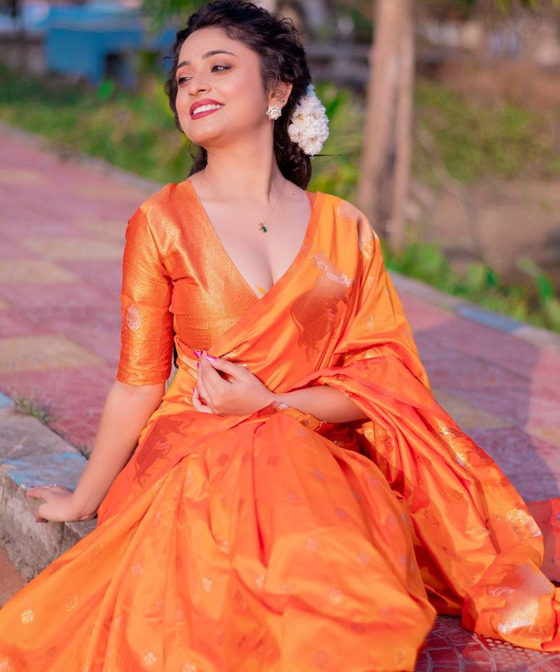 orange soft moonga art silk saree with unstiched blouse