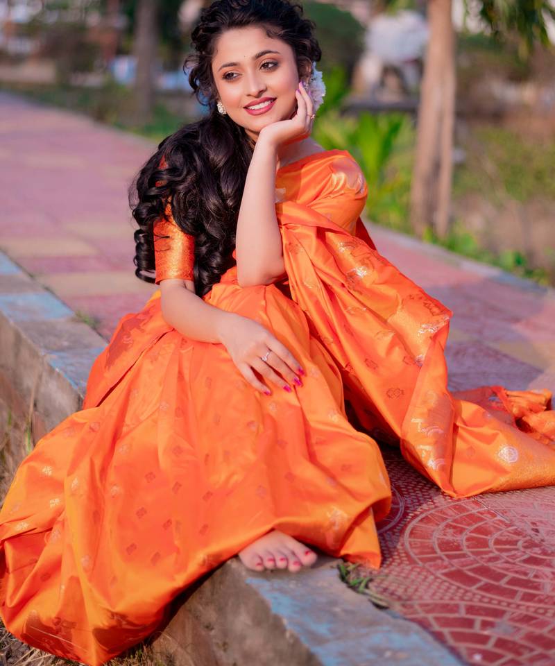 orange soft moonga art silk saree with unstiched blouse