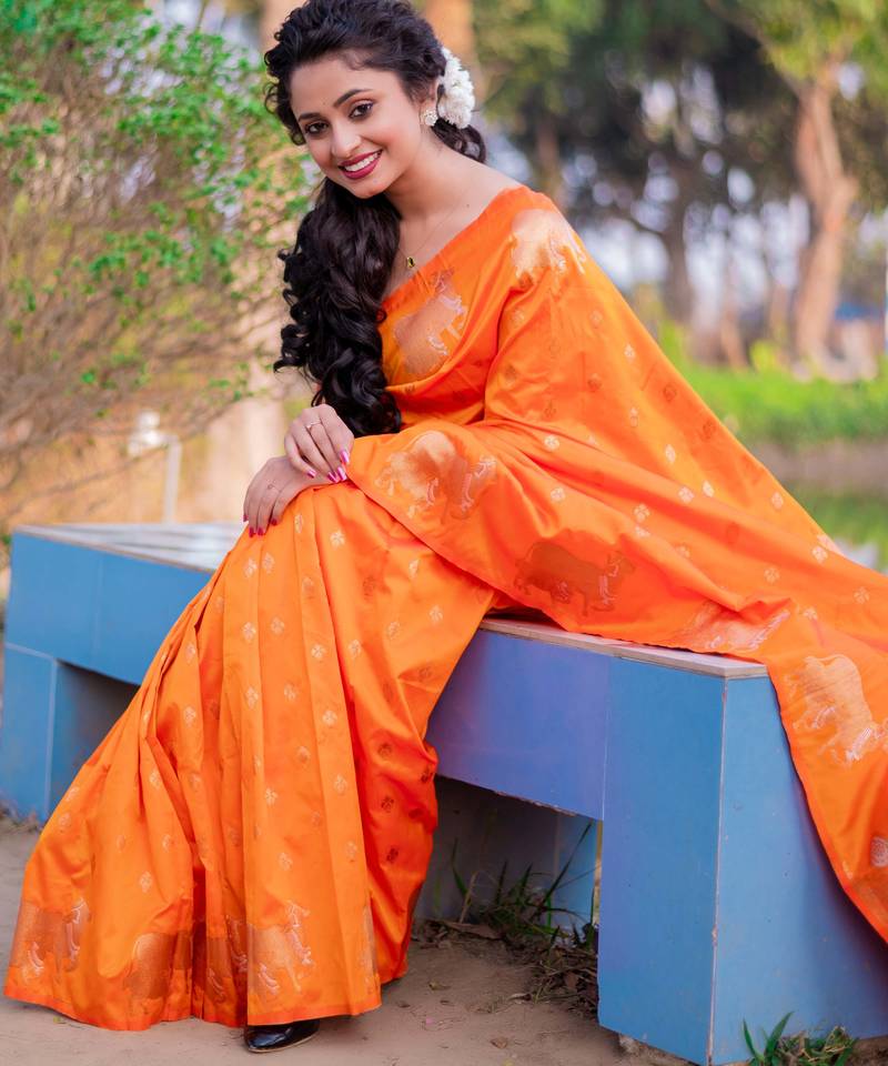 orange soft moonga art silk saree with unstiched blouse