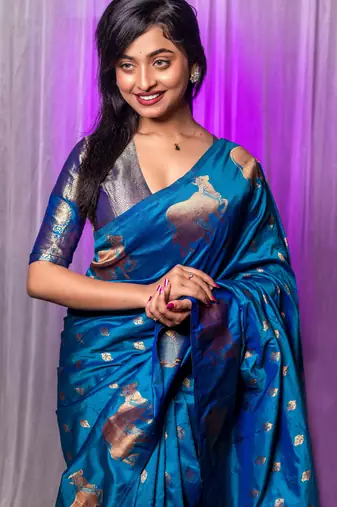 royal blue soft moonga art silk saree with unstiched blouse
