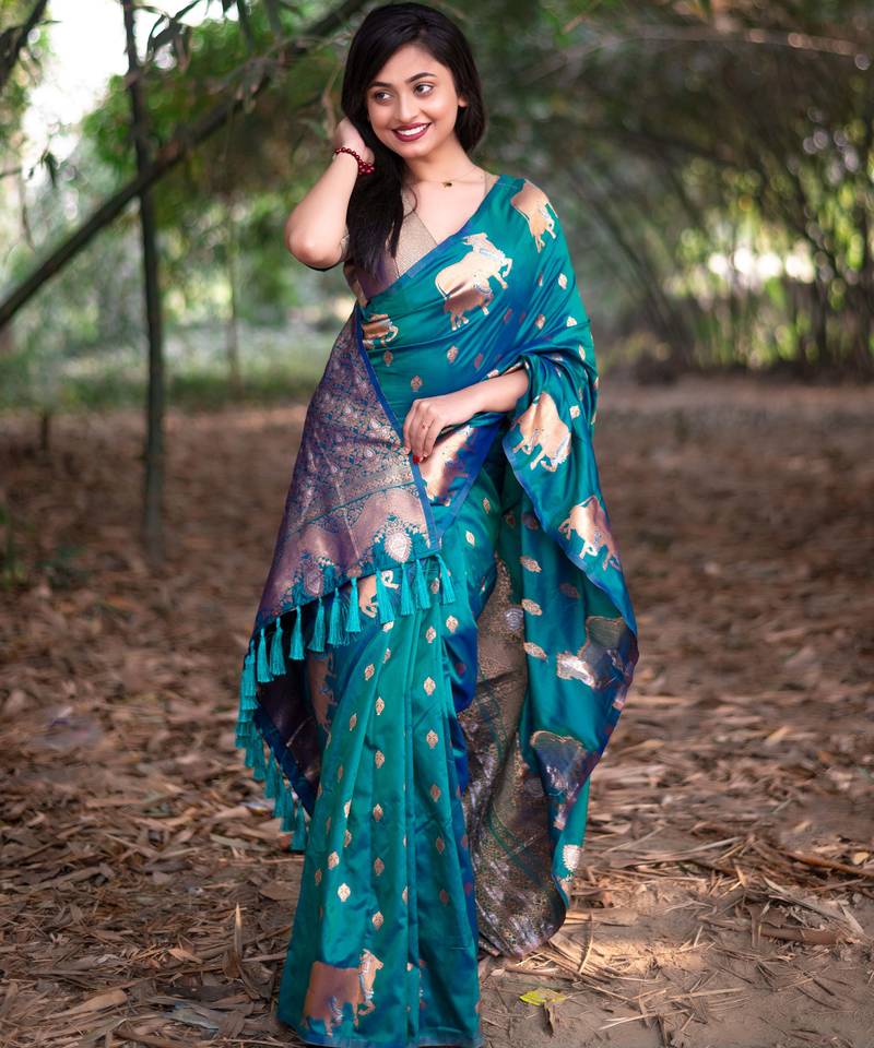 green soft moonga art silk saree with unstiched blouse