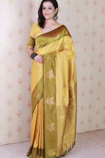 yellow soft art silk saree with unstiched blouse