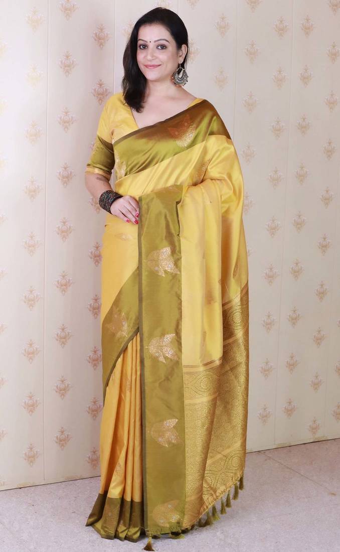 yellow soft art silk saree with unstiched blouse