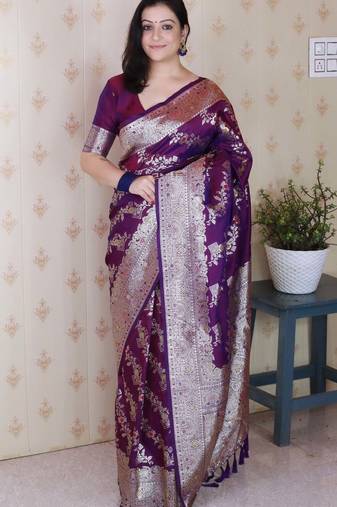 wine banarasi soft art silk saree with unstiched blouse