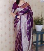 wine banarasi soft art silk saree with unstiched blouse