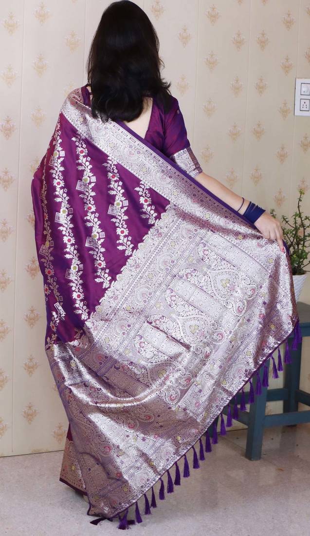 wine banarasi soft art silk saree with unstiched blouse