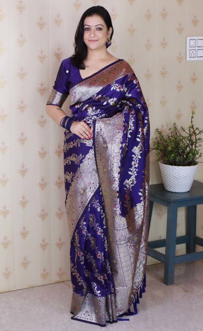 violet banarasi soft art silk saree with unstiched blouse