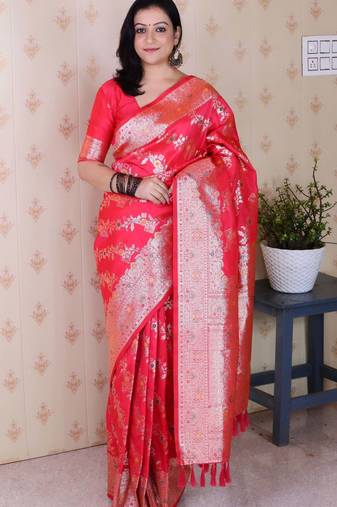 pink banarasi soft art silk saree with unstiched blouse