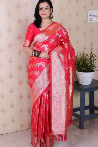 pink banarasi soft art silk saree with unstiched blouse
