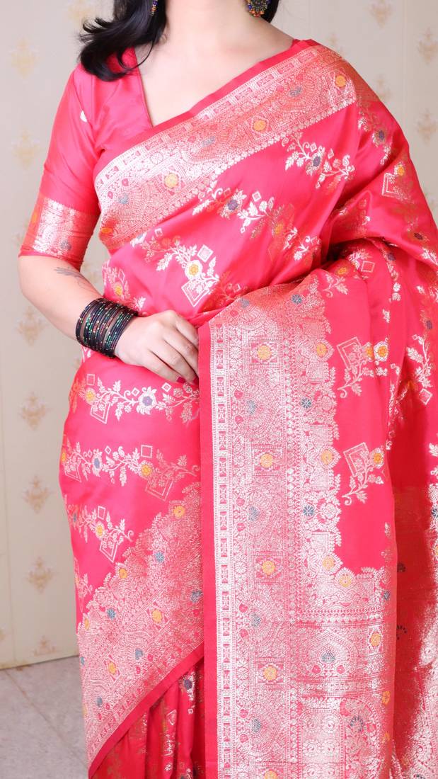 pink banarasi soft art silk saree with unstiched blouse