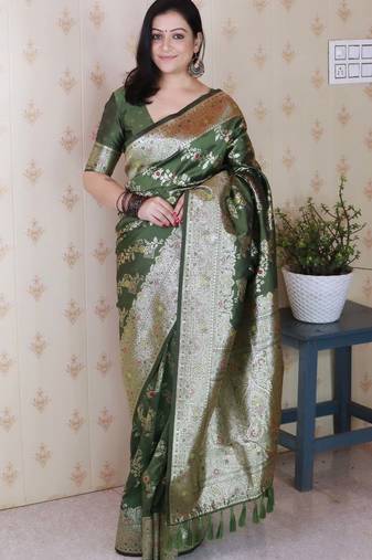 mehendi banarasi soft art silk saree with unstiched blouse