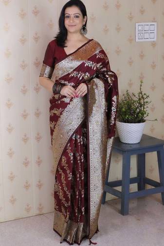 maroon banarasi soft art silk saree with unstiched blouse