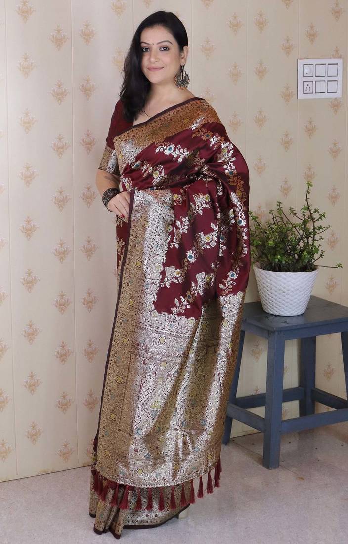 maroon banarasi soft art silk saree with unstiched blouse