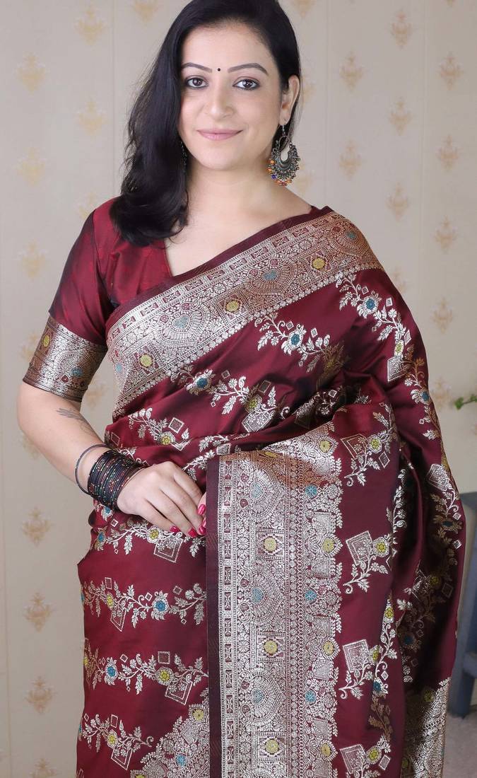 maroon banarasi soft art silk saree with unstiched blouse