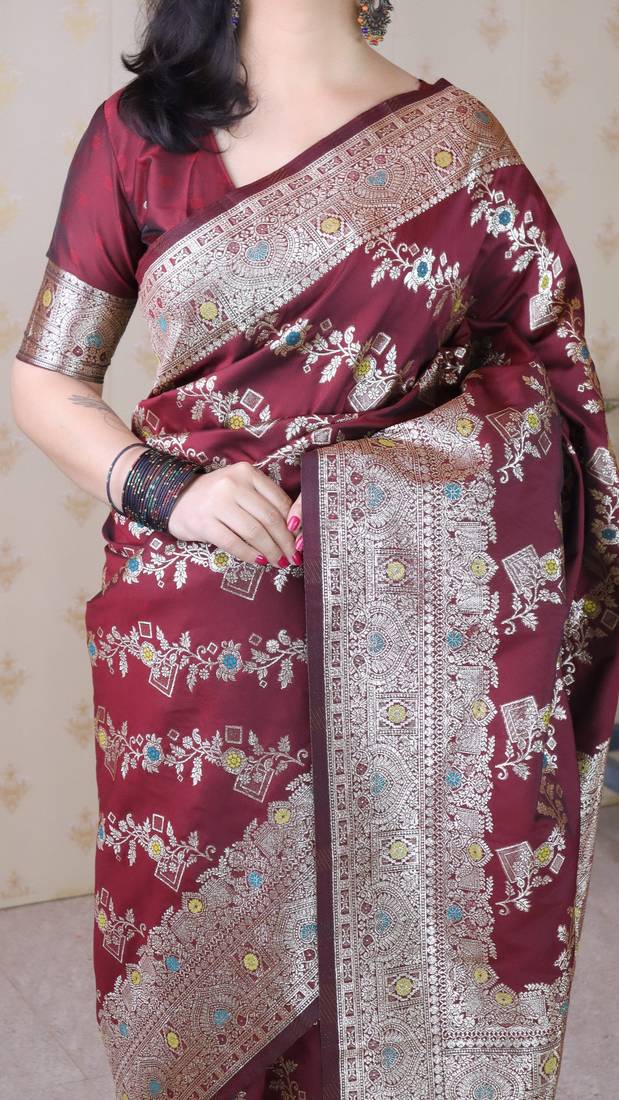 maroon banarasi soft art silk saree with unstiched blouse