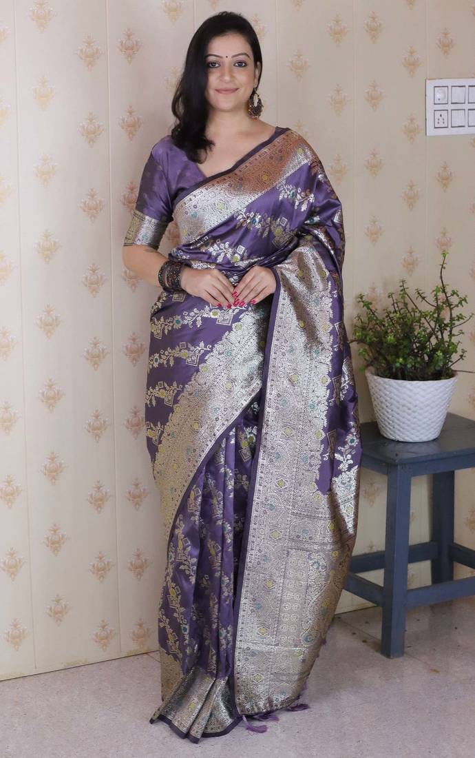 lavender banarasi soft art silk saree with unstiched blouse