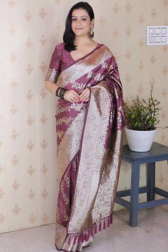 coral banarasi soft art silk saree with unstiched blouse