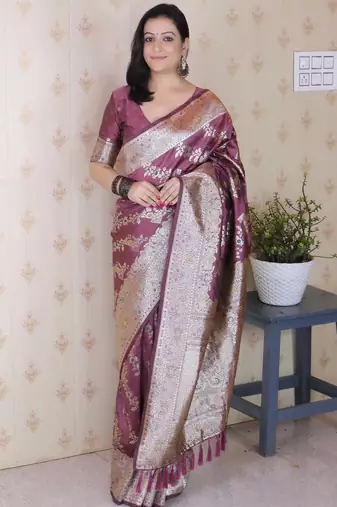 coral banarasi soft art silk saree with unstiched blouse