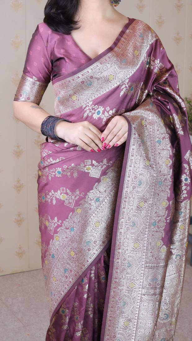 coral banarasi soft art silk saree with unstiched blouse
