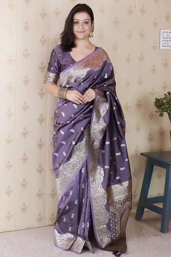 lavender banarasi soft art silk saree with unstiched blouse