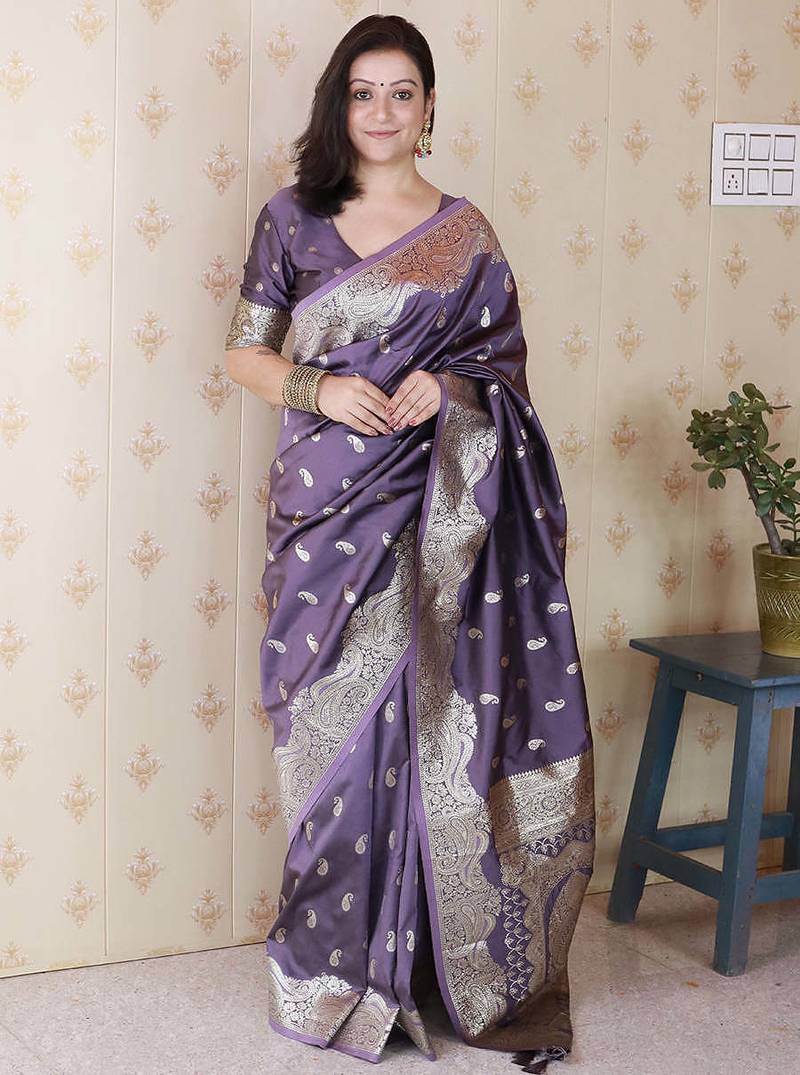 lavender banarasi soft art silk saree with unstiched blouse