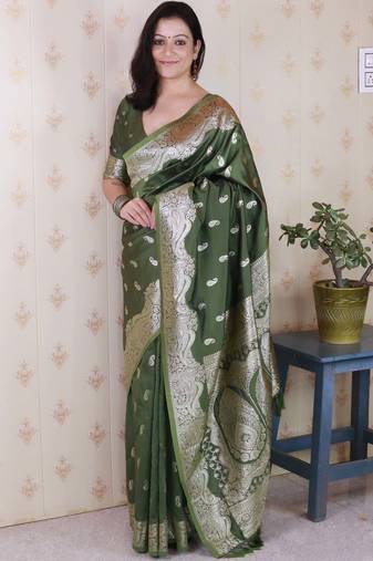 green banarasi soft art silk saree with unstiched blouse