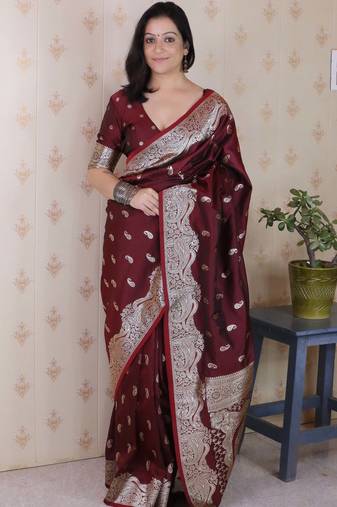 maroon banarasi soft art silk saree with unstiched blouse