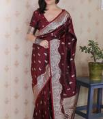maroon banarasi soft art silk saree with unstiched blouse